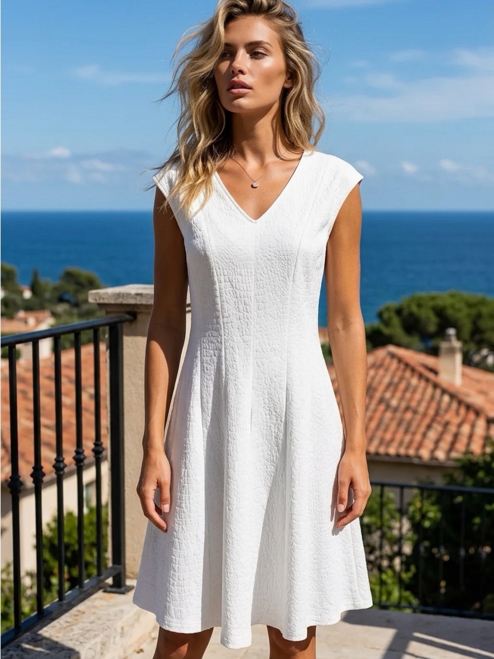 Elegant White V-Neck Cap Sleeve Rubber Dress